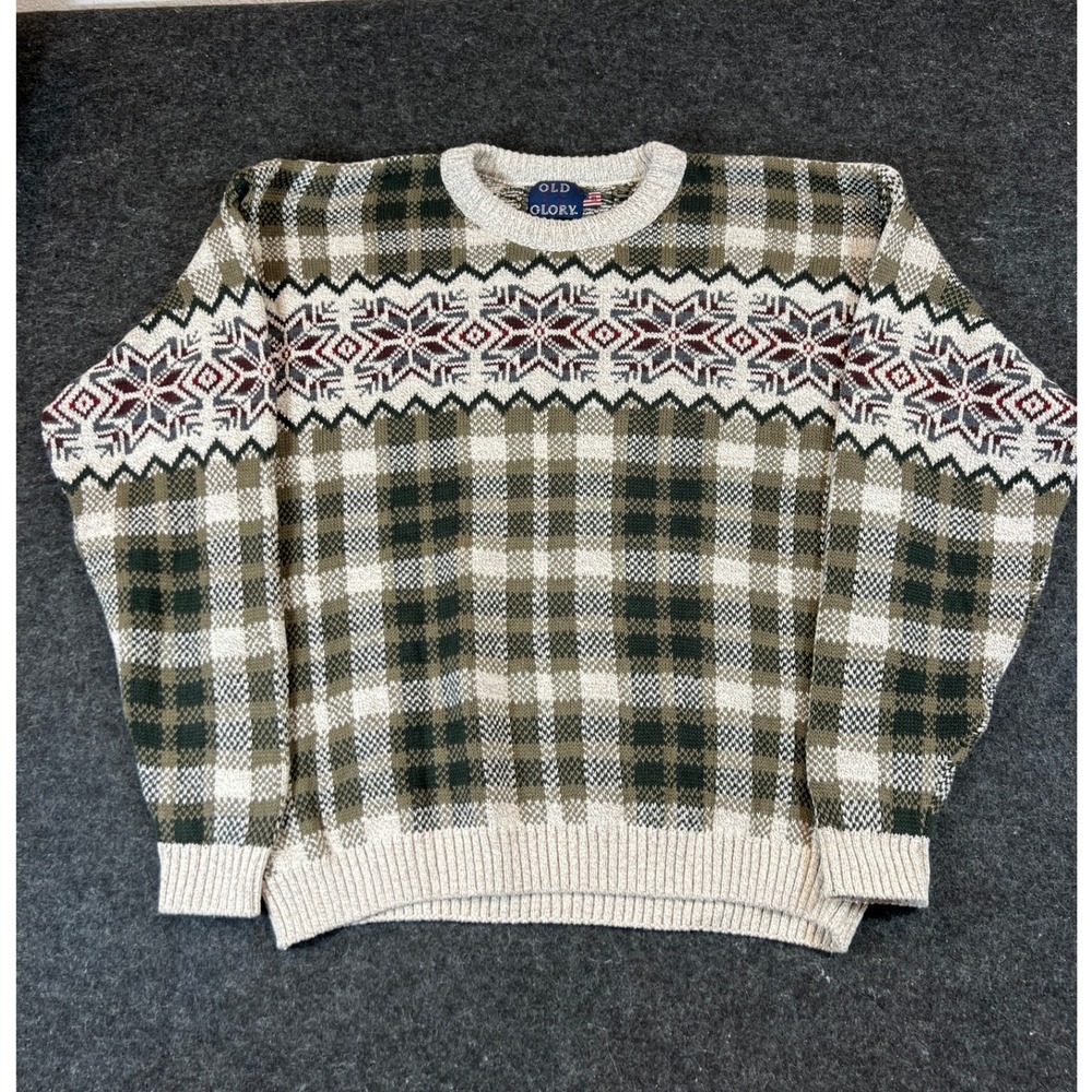 VTG 90s Knit Sweater Mens XL Fair Isle Snowflake Plaid Pullover Old Glory  USA